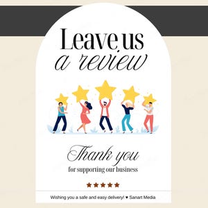 Peut inclure: Illustration avec le texte "Laissez-nous un avis" au-dessus d'un groupe de personnes tenant des &eacute;toiles dor&eacute;es. En dessous, le texte "Merci de soutenir notre entreprise" est affich&eacute;, avec une note de cinq &eacute;toiles.