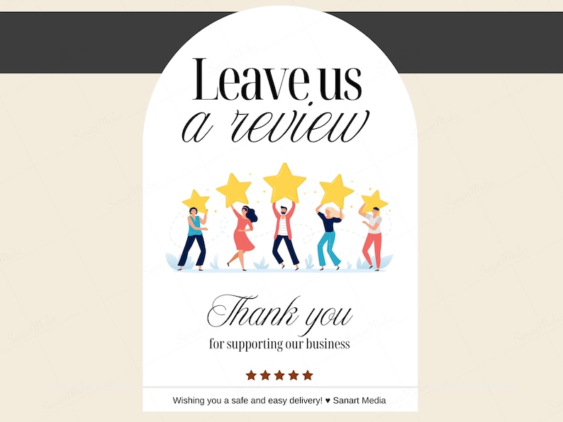 Peut inclure: Illustration avec le texte "Laissez-nous un avis" au-dessus d'un groupe de personnes tenant des &eacute;toiles dor&eacute;es. En dessous, le texte "Merci de soutenir notre entreprise" est affich&eacute;, avec une note de cinq &eacute;toiles.