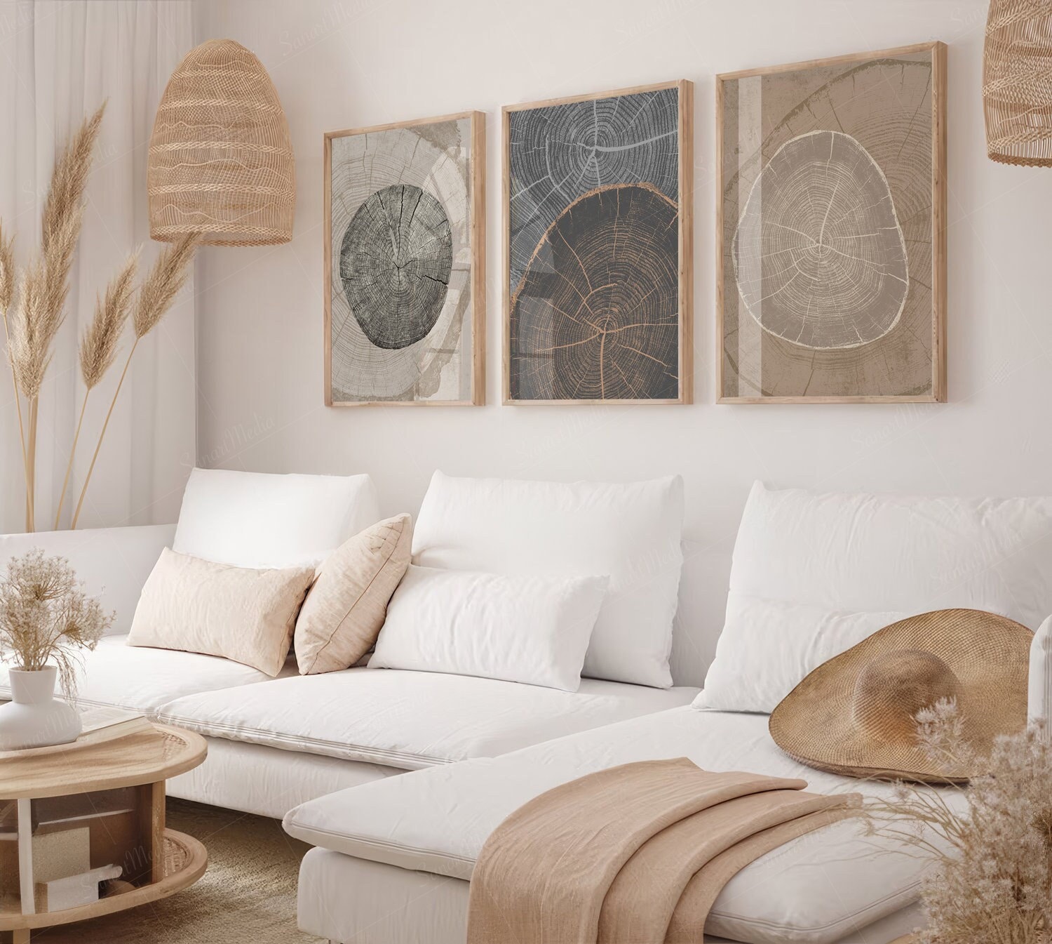 Beige Tree Ring Printable Wall Art Set - Boho Nordic Prints, Tree Stump ...
