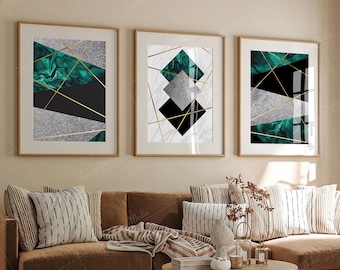 Set of 3 Green Emerald Marble Gold Geometric Abstract Art Prints Granite Modern Wall Print, Printable Digital Download Poster Scandi Minimal