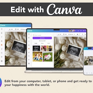 May include: A digital design showcasing a pregnancy announcement on a tablet, laptop, and smartphone. The screens display an ultrasound image with text "Baby Miller, April 2026" and the Canva logo. The image includes white tulips.