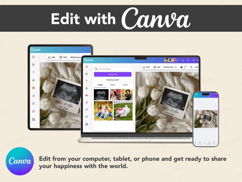 May include: A digital design showcasing a pregnancy announcement on a tablet, laptop, and smartphone. The screens display an ultrasound image with text "Baby Miller, April 2026" and the Canva logo. The image includes white tulips.