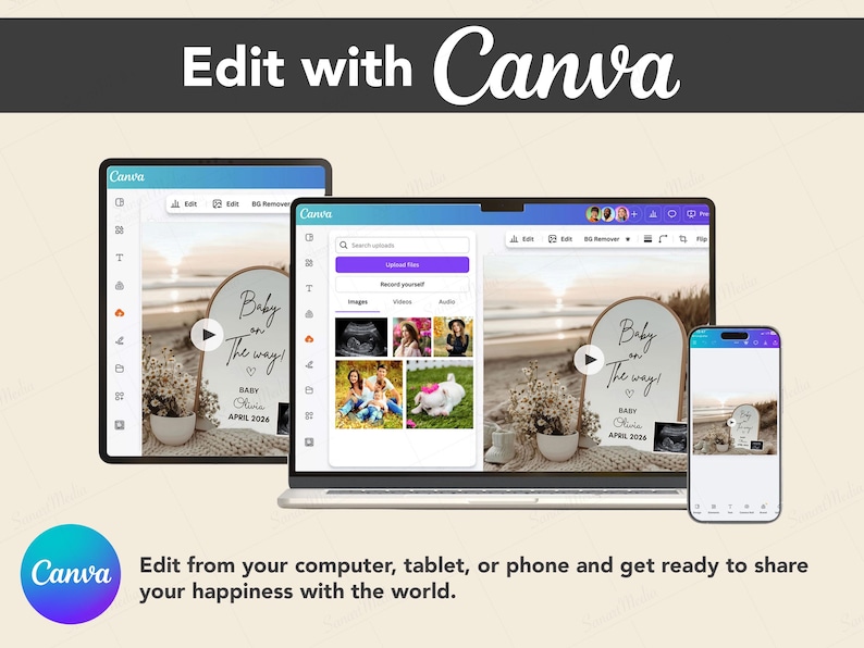 Peut inclure: Une conception num&eacute;rique pr&eacute;sentant une annonce de grossesse sur une tablette, un ordinateur portable et un smartphone. L'annonce comprend le texte "Baby on the way!" avec un symbole de c&oelig;ur, le nom du b&eacute;b&eacute; et la date d'&eacute;ch&eacute;ance. Le logo Canva est visible.