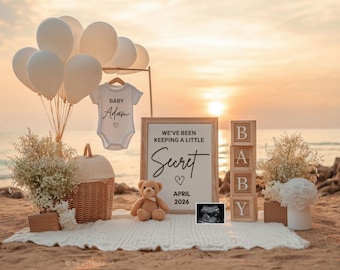 Beach Pregnancy Announcement Template: Editable Social Media Reveal (Digital)