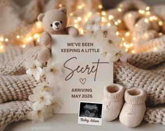 May include: A pregnancy announcement with a beige teddy bear, white flowers, and a card that reads "We've been keeping a little secret, arriving May 2026." Includes a sonogram photo and baby booties.