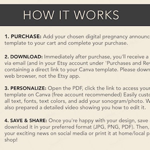 May include: A graphic with the text "HOW IT WORKS" and numbered steps for purchasing, downloading, personalizing, and sharing a digital pregnancy announcement template. Includes icons of a shopping cart, a download symbol, a pencil, and sharing symbols.