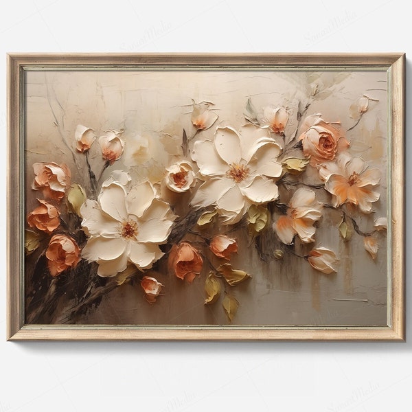 Floral Rustic Rose Flower Art with Neutral Tones | Digital Download | Oilpainting for Spring Decor  | Beige and Soft Tones