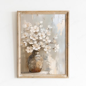 Vintage White Hydrangeas Print - Muted Farmhouse Botanical Wall Decor | Living Room Art | Digital Download PRINTABLE | Elegant Living Room