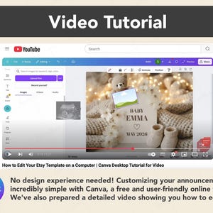 Peut inclure: Tutoriel vid&eacute;o YouTube sur la modification d'un mod&egrave;le Etsy sur ordinateur. L'interface Canva affiche une annonce de naissance avec le nom "EMMA" et la date "MAI 2026". Une image d'&eacute;chographie est &eacute;galement pr&eacute;sente dans la vid&eacute;o.