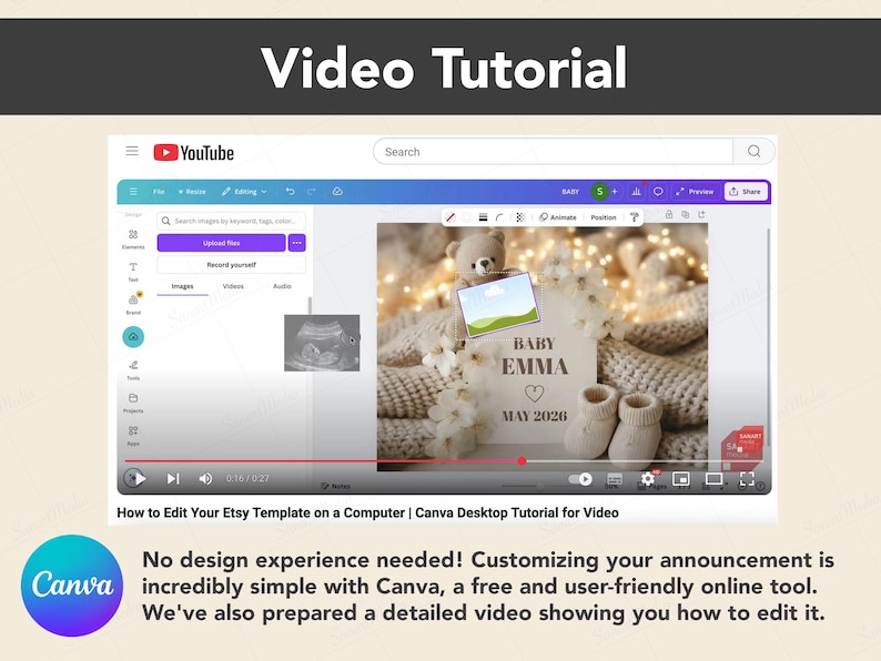 Peut inclure: Tutoriel vid&eacute;o YouTube sur la modification d'un mod&egrave;le Etsy sur ordinateur. L'interface Canva affiche une annonce de naissance avec le nom "EMMA" et la date "MAI 2026". Une image d'&eacute;chographie est &eacute;galement pr&eacute;sente dans la vid&eacute;o.