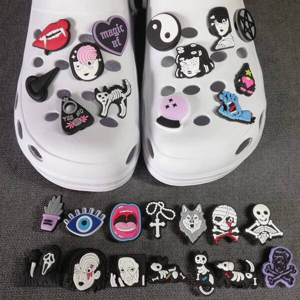 Crockycroc, Croc Charm PVC silicone, thème boule de cristal, pentagramme, ouija, yin et yang, sorcière, squelette, sombre, chat noir