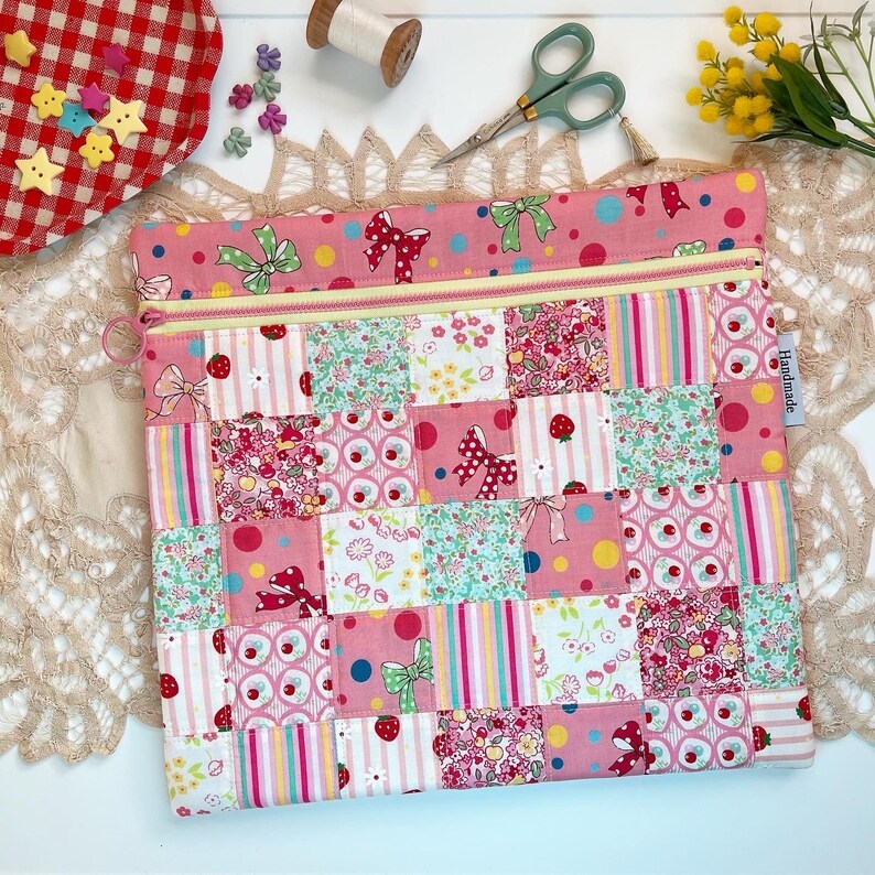 Quilted Patchwork Cross Stitch Project Bag / Embroidery Needlepoint