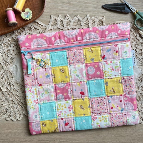 Quilted Patchwork Cross Stitch Project Bag / Embroidery Needlepoint Zipper Pouch / Ipad Sleeve / Cosmetic Case / Bunny in pink and yellow