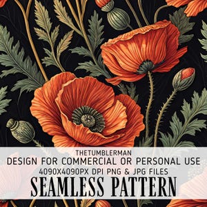 May include: Seamless pattern featuring vibrant orange poppies with dark green leaves and stems against a black background. The design includes poppy buds and seed pods. The text "SEAMLESS PATTERN" is visible at the bottom.
