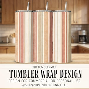Peut inclure: Trois gobelets en acier inoxydable avec des rayures verticales beiges, pêche et blanches. Chaque gobelet a une paille argentée. Le texte "TUMBLER WRAP DESIGN" est affiché en dessous.
