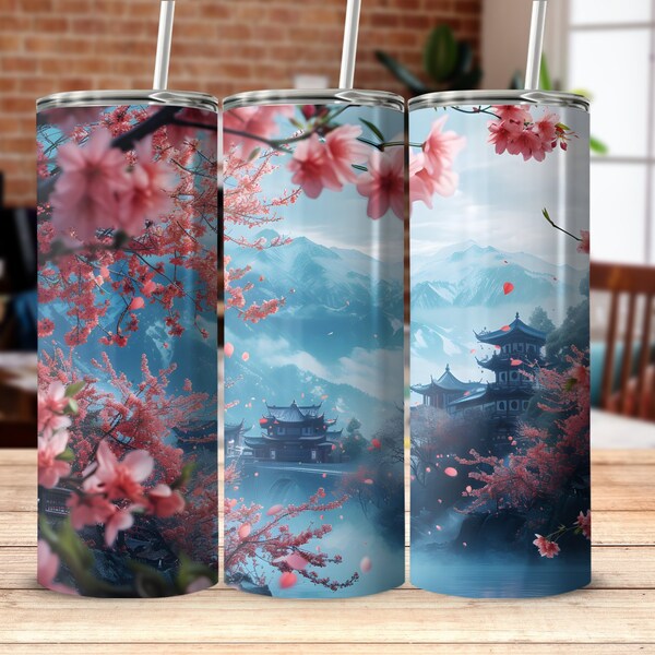 Cherry Blossom Digital Wrap, 20 Unzen Skinny Tumbler Sublimation, asiatische Landschaft Tumbler Design, Instant Download Tumbler Grafik