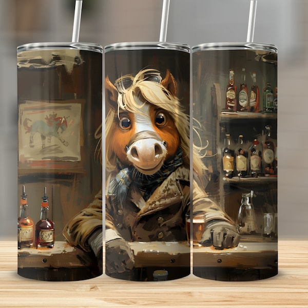 Horse Bartender 20oz Skinny Tumbler, Whimsical Horse Bar Scene Illustrated Tumbler, Unique Animal Art Drinkware, Gift for Horse Lovers