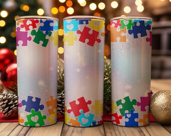 Custom Autism Awareness Puzzle Pieces 20 oz Skinny Tumbler Wrap Sublimation Design, Straight & Tapered Wrap, Tumbler Png, Instant Download