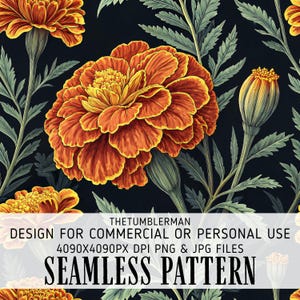 May include: A seamless pattern featuring vibrant orange marigold flowers with yellow centers and green foliage against a dark background. The design includes the text "SEAMLESS PATTERN" and other details.