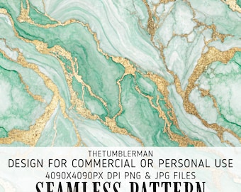 Op de afbeelding: Naadloos patroon met een marmerontwerp. Het patroon heeft wervelende tinten teal en wit, geaccentueerd met gouden aderen. De tekst onderaan luidt "SEAMLESS PATTERN".