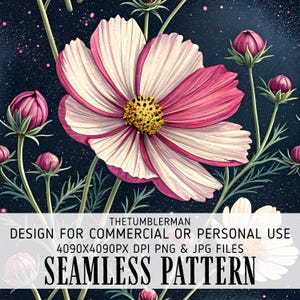 Puede incluir: Un patrón sin costuras con grandes flores de cosmos con pétalos rosas y blancos y centros amarillos, sobre un fondo azul oscuro. El diseño incluye texto: "THETUMBLERMAN DESIGN FOR COMMERCIAL OR PERSONAL USE 4090X4090PX DPI PNG & JPG FILES SEAMLESS PATTERN."