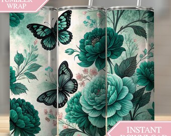 Teal Butterfly and Floral Tumbler Wrap, Floral Tumbler Design, Butterfly Sublimation, Digital Design, Turquoise Flower Tumbler PNG, Teal