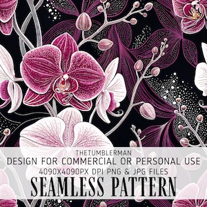 Könnte beinhalten: Nahtloses Muster mit stilisierten Orchideenblüten in Magenta- und Weißtönen vor schwarzem Hintergrund. Das Design umfasst detaillierte Linienkunst und den Text „SEAMLESS PATTERN“. Das Muster ist für den kommerziellen oder persönlichen Gebrauch geeignet.