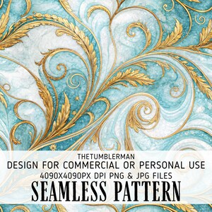 May include: Seamless pattern design with a teal and white marble effect background. Gold filigree floral elements with intricate details overlay the marble. The text "SEAMLESS PATTERN" is at the bottom.