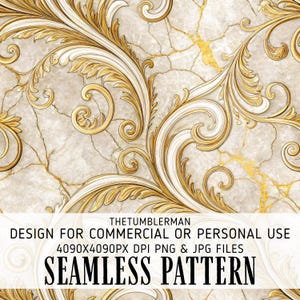 May include: A seamless pattern with gold and white scrolling floral designs on a marble effect background. The image includes the text "SEAMLESS PATTERN". The design is suitable for commercial or personal use.