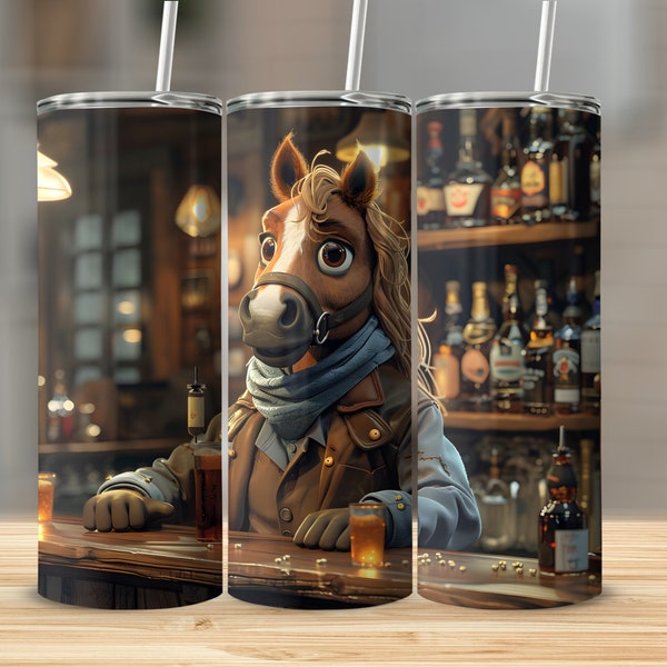 Horse Bartender 20oz Skinny Tumbler, Whimsical Horse at Bar Tumbler, Quirky Drinking Cup, Unique Animal Art Gift, Horse Lover Gift