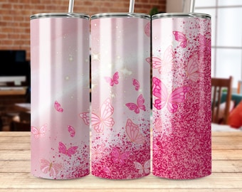 Butterfly Glitter pink 20 oz Skinny Tumbler Sublimation Design, Straight & Tapered Wrap, Tumbler Wrap, Tumbler Png, Instant Download