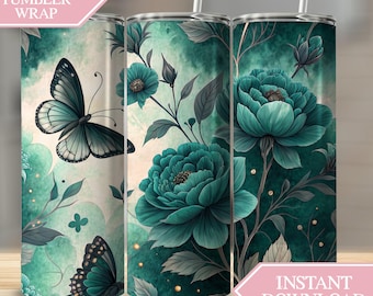 Teal Butterfly Flower Tumbler Wrap, Floral Tumbler Design, Elegant Butterfly Sublimation, Green Flower Tumbler Png, Digital Products