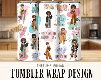 Envoltura para vaso con afirmaciones de profesor negro, descarga digital, diseño de vaso delgado de 20 oz, sublimación, recto y cónico, PNG