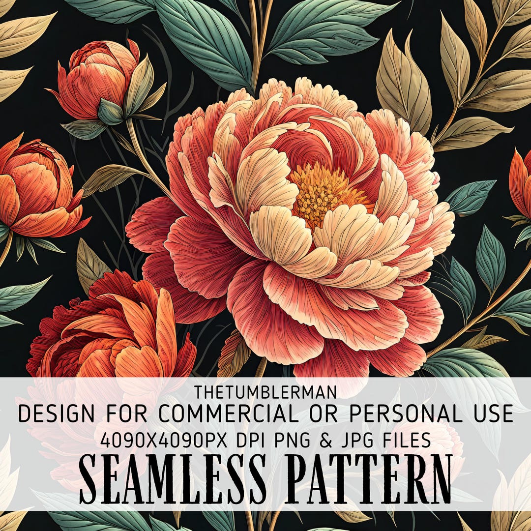 Floral Seamless Pattern, Peony Flower Art, Digital Paper Pack, Dark ...