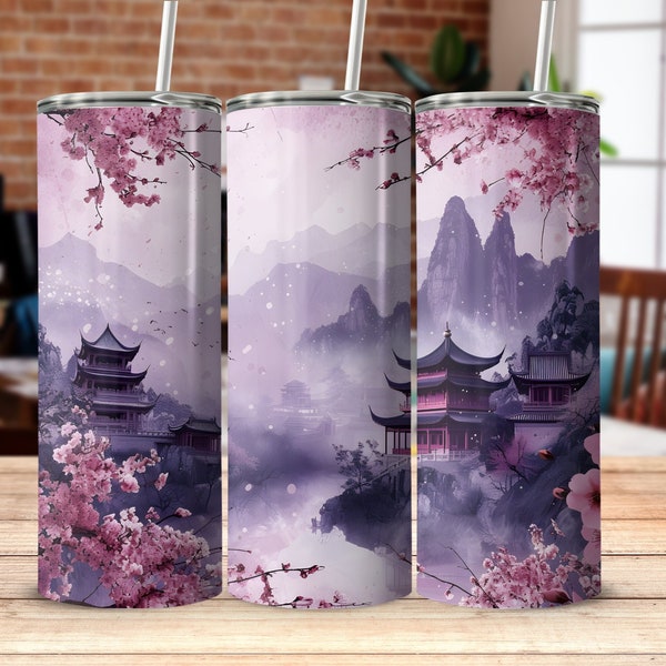 Cherry Blossom Tumbler Design, Oriental Landscape Digital Wrap, 20 oz Skinny Tumbler Template, Sublimation Graphics, Instant Download