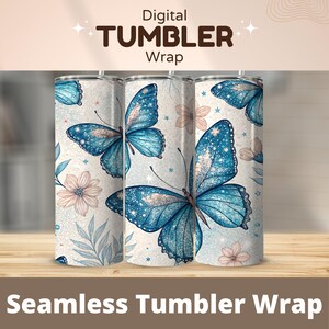 Blue Butterfly Tumbler Wrap: Floral 20 oz Skinny Tumbler Design (PNG Digital Download)
