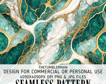 Op de afbeelding: Naadloos patroon met een marmerontwerp. Het patroon heeft teal, witte en gouden kleuren. De tekst "THETUMBLERMAN DESIGN FOR COMMERCIAL OR PERSONAL USE 4090X4090PX DPI PNG & JPG FILES SEAMLESS PATTERN" staat onderaan de afbeelding.