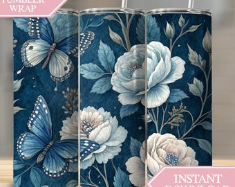 Blue Butterfly Floral Tumbler Wrap, Watercolor Flower Tumbler Design, Elegant Butterfly, Sublimation Design, Flower Tumbler PNG, Digital