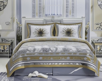 Juego de sábanas de algodón con estampado a mano estilo Jaipuri / Ropa de cama india floral tamaño king / Colcha étnica bohemia con fundas de almohada