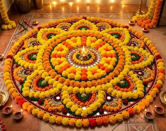 Handmade Marigold Flower Rangoli Set, Reusable Pom-Pom Floor Decor, Indian Pooja Mat