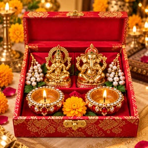 May include: A red decorative box containing two gold-toned deity figurines, Lakshmi and Ganesha, positioned behind two round, lit oil lamps adorned with white crystals and red accents, flanked by two pearl-like beaded strands and yellow flowers.