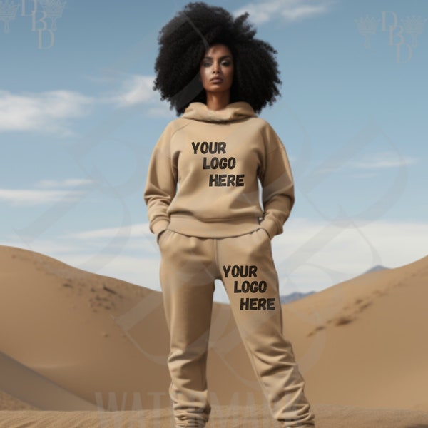 Black woman model Beige full body mockup, African American mockup woman hoodie sweatsuit Logo mockup ,Gildan 18500 mockup for SVG, PNG'Ss