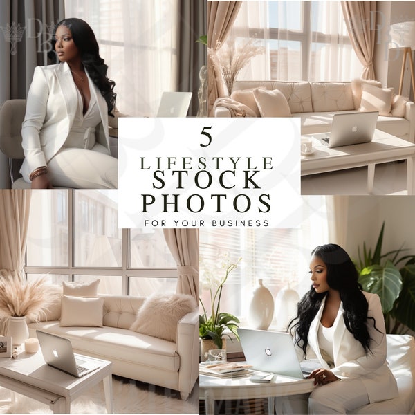 Plus/Full Figure Black Women Home Office Neutral, Social Media/ Logo/Branding/Lifestyle/Website/Blog stock photos, Luxury Boss Women