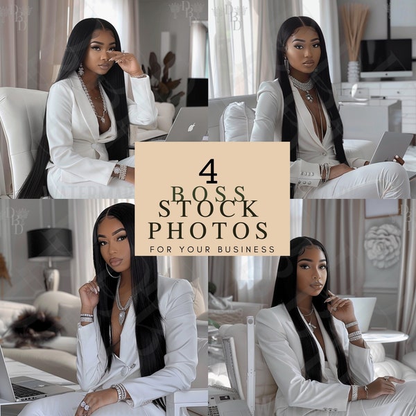 Young Black Boss Women, Home Office Neutral /White Suit Stock Photos, Branding/Advertising/ Luxury Model Stock Bundles