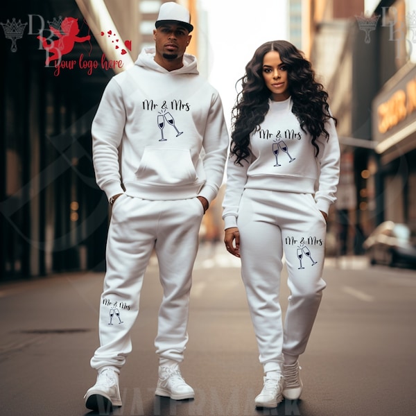 Realistic Black Couple White Sweatsuit/Jogging/Track G18500 Branding/Logo/ Website/Blog/Social Media/ Streetwear Luxury Photoshoot
