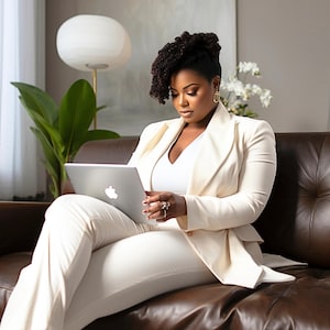 Neutral Home Office Stock Photo: Plus Size Black Woman Branding (Digital Download)