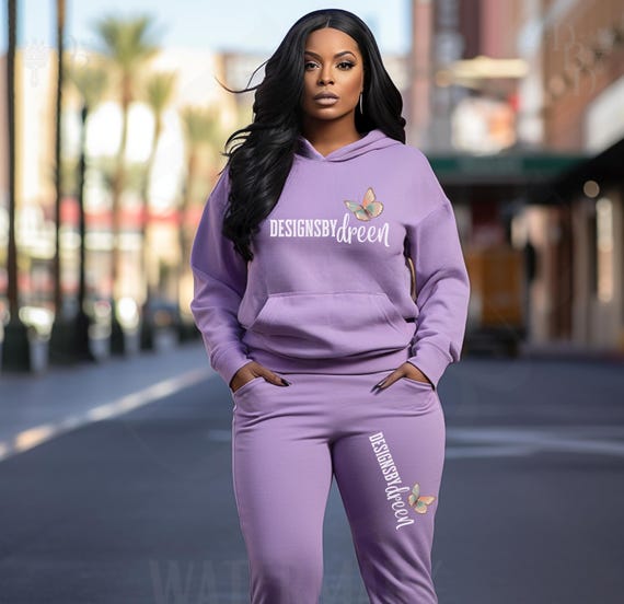 Black Woman Purple Jogging hoodie sweatsuit Purple lilac G18500 Mockup for Svg Png Branding logo website blog social Media New Orleans Etsy