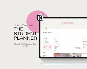 Op de afbeelding: Een screenshot van een Notion-sjabloon voor een studentenplanner. Het sjabloon bevindt zich op een tablet met een witte stylus ernaast. Het sjabloon heeft secties voor dagelijkse taken, opdrachten, gewoontes en uitgaven. Het sjabloon is getiteld "The Student Planner" en heeft de tekst "Have the BEST Academic Year So Far!" eronder. Het sjabloon is ontworpen in een minimalistische stijl met een roze en zwarte kleurschema.