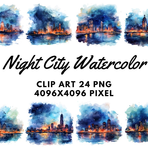 Night City Watercolor Clipart, City Watercolor, night sky, night lights, city skyline, city art print, watercolor art, Night City