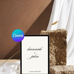 Puede incluir: Una tableta digital muestra los nombres "hannah + john" y la fecha "september 30th, 2025" en una elegante escritura. La tableta se encuentra sobre un fondo de piedra texturizada y tela blanca, con un logotipo de Canva en la esquina superior izquierda.